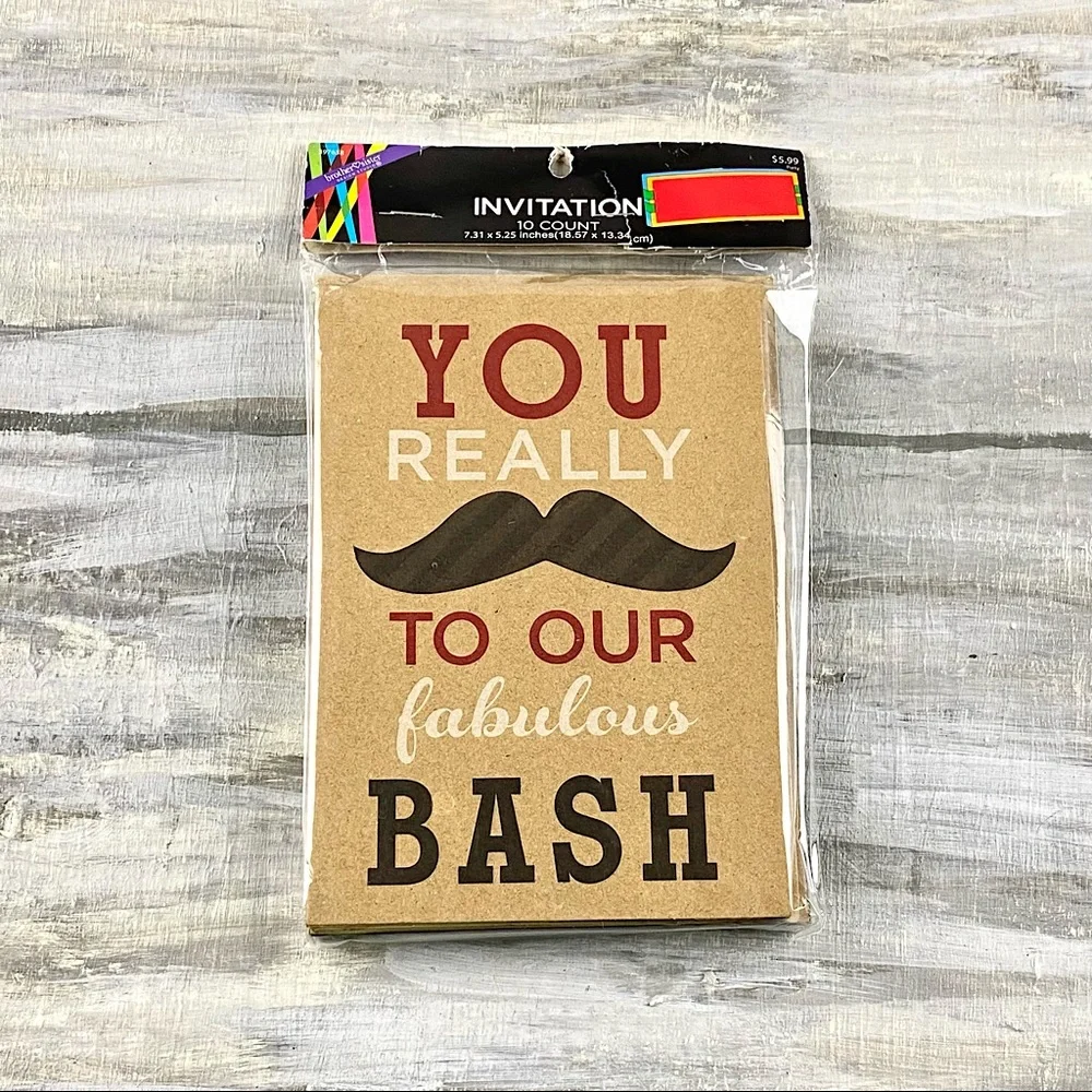 Large Party Invitation Cards With Envelopes 10 Mustache TriFold Blank Inside NWT